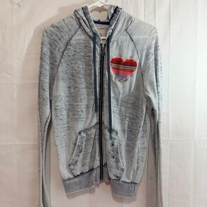 ROXY Womens Vintage Y2K Love Me Heart Gray Distressed Full Zip Hooded Jacket